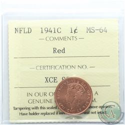 Newfoundland 1-cent 1941C ICCS Certified MS-64 Red