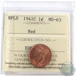 Newfoundland 1-cent 1941C ICCS Certified MS-63 Red