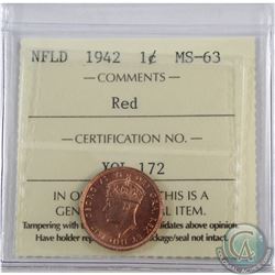 Newfoundland 1-cent 1942 ICCS Certified MS-63 RED