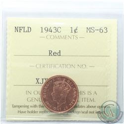 Newfoundland 1-cent 1943C ICCS Certified MS-63 Red