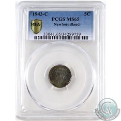 Newfoundland 5-cent 1943C PCGS Certified MS-65. Coin contains attractive rainbow toning.