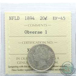 Newfoundland 20-cent 1894 Obverse 1 ICCS Certified EF-45