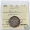 Image 1 : Newfoundland 20-cent 1894 Obverse 1 ICCS Certified VF-30