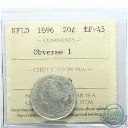 Newfoundland 20-cent 1896 Obverse 1 ICCS Certified EF-45. Nice bright full white coin