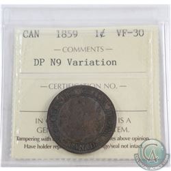 1-cent 1859 DP #1 N9 Variation ICCS Certified VF-30. #1 is not on holder but under magnification thi