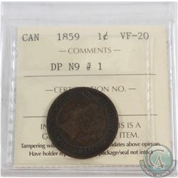 1-cent 1859 DP N9 #1 ICCS Certified VF-20.