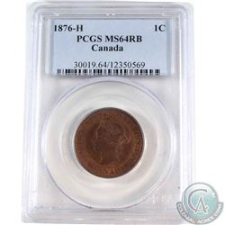 1-cent 1876H PCGS Certified MS-64 RB. Coin contains a deep cherry red glow with hints of blue and vi