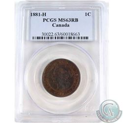 1-cent 1881H PCGS Certified MS-63 RB. Coin contains consistent red tones with lustrous tones through