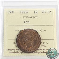 1-cent 1899 ICCS Certified MS-64 Red. A well struck coin with deep original red Fields.