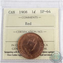 1-cent 1908 ICCS Certified SP-64 Red. A Nice Sharp coin with soft satin fields.