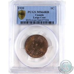 1-cent 1920 Large Cent PCGS Certified MS-64 RB. Coin contains strong strike qualities with an appeal