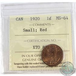 1-cent 1920 Small ICCS Certified MS-64 Red.