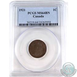 1-cent 1921 PCGS Certified MS-64 Brown. Evenly toned chocolate brown coin with hints of original red