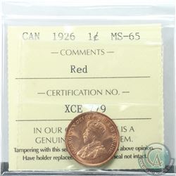 1-cent 1926 ICCS Certified MS-65 RED  Superb Gem Coin with exceptional strike qualities and eye appe