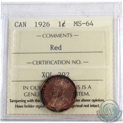 1-cent 1926 ICCS Certified MS-64 RED. Note coin has darker tones throughout the lettering. Worth a g