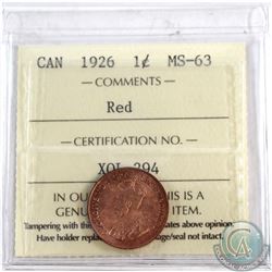 1-cent 1926 ICCS Certified MS-63 RED. Bright full red coin.