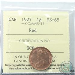 1-cent 1927 ICCS Certified MS-65 RED. *Tied for Highest Grade by ICCS  *LOW POP - less than 10 known