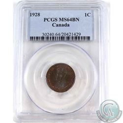 1-cent 1928 PCGS Certified MS-64 Brown. Coin contains an attractive blue glow with hints of red lust