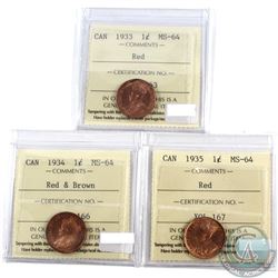 1-cent, 1933 RED, 1934 R&B, & 1935 RED All ICCS Certified MS-64  3pcs.