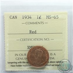 1-cent 1934 ICCS Certified MS-65 RED. A Full red coin with choice eye appeal.