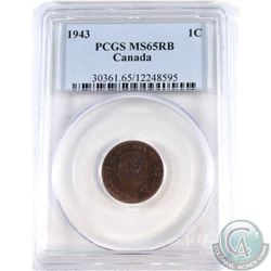 1-cent 1943 PCGS Certified MS-65 RB. Coin contains attractive olive green, and violet tones.