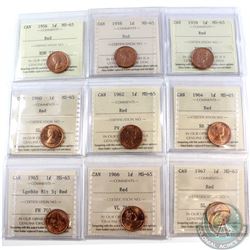 1-cent 1956, 1958, 1959, 1960, 1962, 1964, 1965 LgeBds Blt 5, 1966, & 1967 ICCS Certified MS-65 Red.