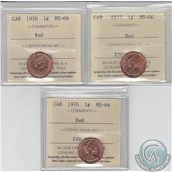 1-cent 1970, 1975 & 1976 ICCS Certified MS-66 Red. 3pcs