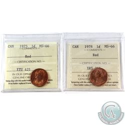 1-cent 1975 & 1978 ICCS Certified MS-66 Red. 2pcs.