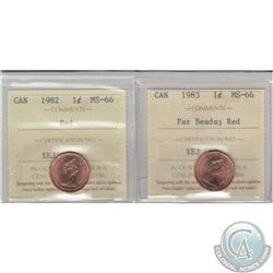 1-cent 1982 & 1983 Far Beads ICCS Certified MS-66 Red. 2pcs