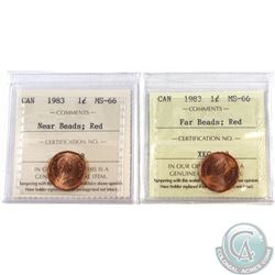 1-cent 1983 Near Beads & 1983 Far Beads ICCS Certified MS-66 Red. 2pcs.