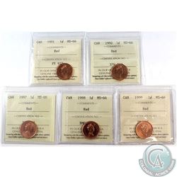 1-cent 1991, 1992, 1997, 1998, 1999 ICCS Certified MS-66 Red. 5pcs.