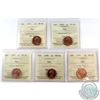 Image 1 : 1-cent 1991, 1992, 1997, 1998, 1999 ICCS Certified MS-66 Red. 5pcs.