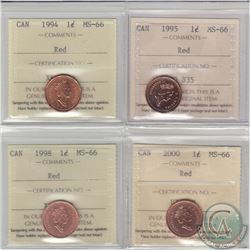 1-cent 1994, 1995, 1998 & 2000 ICCS Certified MS-66 Red. 4pcs