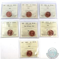 1-cent 2000, 2001, 2002, 2002P, 2003, 2003P, & 2003 New Effigy ICCS Certified MS-66 Red. 7pcs.