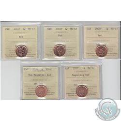 1-cent 2002P, 2003P, 2005P, 2009 Non Magnetic & 2012 Magnetic ICCS Certified MS-67 Red. All coins ti