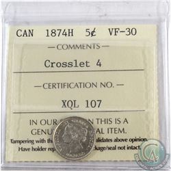 5-cent 1874H Crosslet 4 ICCS Certified VF-30.