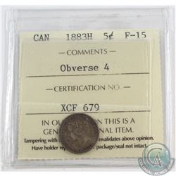 5-cent 1883H Obverse 4 ICCS Certified F-15. RARE  Only 23 Examples Certified to date. Among the fine