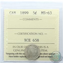 5-cent 1899 ICCS Certified MS-63. Coin has light rose toning.