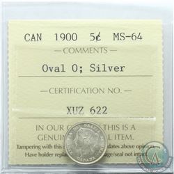 5-cent 1900 Oval 0 ICCS Certified MS-64. Coin has nice lustre.