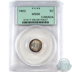 5-cent 1902 PCGS Certified MS-66. Coin contains bull's-eye toning of gold and violet.