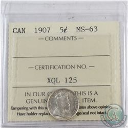 5-cent 1907 ICCS Certified MS-63, A bright flashy coin.