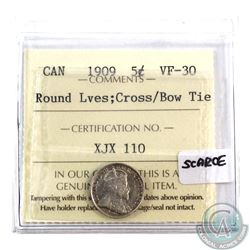 5-cent 1909 Round Leaves; Cross/Bow Tie ICCS Certified VF-30. Scarce