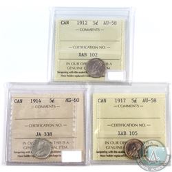 5-cent 1912 AU-58, 1914 MS-60 & 1917 AU-58 ICCS Certified. 3pcs