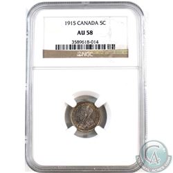 5-cent 1915 NGC Certified AU-58. Features golden toning around rim on obverse & multicolour toning o