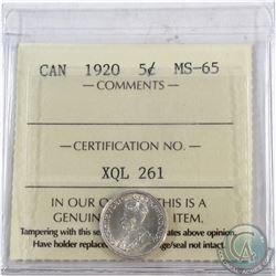 5-cent 1920 ICCS Certified MS-65  Exceptional Strike