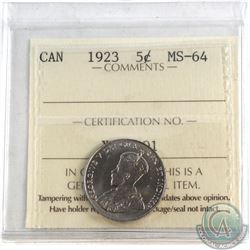 5-cent 1923 ICCS Certified MS-64. A nicely struck coin with attractive rolling Mint Luster.