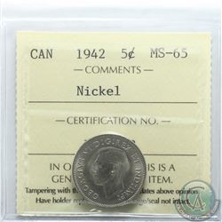 5-cent 1942 Nickel ICCS Certified MS-65