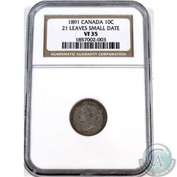 10-cent 1891 21 Leaves, Small Date NGC Certified VF-35.