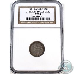 10-cent 1891 21 Leaves, Small Date NGC Certified VF-35.