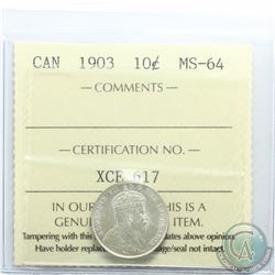 10-cent 1903 ICCS Certified MS-64. An attractive coin with great eye appeal. Only 5 graded higher